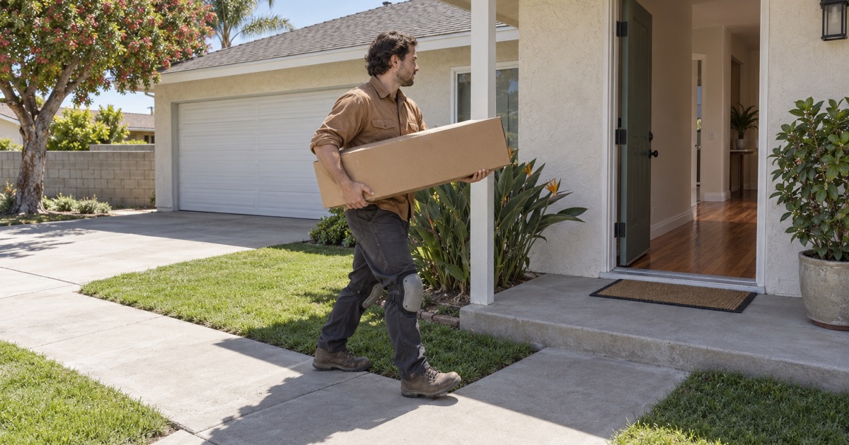 Worker carrying a carton of oak flooring up the front walk of a single-story stucco house in Buena Park.