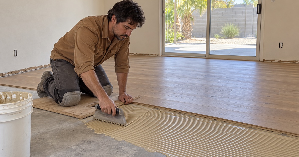 Worker troweling adhesive onto a concrete slab ahead of engineered oak planks in a Buena Park house.