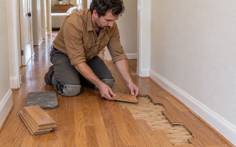 Worker lowering a replacement oak strip into a staggered lace-in repair in a Buena Park hallway.