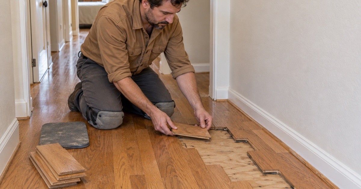 Worker lowering a replacement oak strip into a staggered lace-in repair in a Buena Park hallway.
