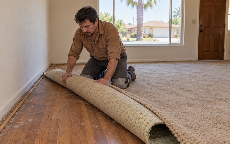 Worker rolling back old carpet to uncover the original red oak floor in a Buena Park tract house.