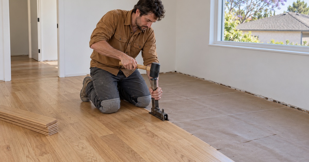 Worker nailing a solid white oak board through its tongue with a flooring nailer in a Buena Park house.