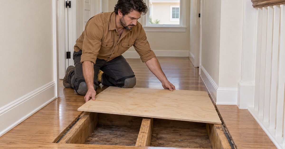 Worker setting a new plywood subfloor panel into an opened floor before new oak goes down.
