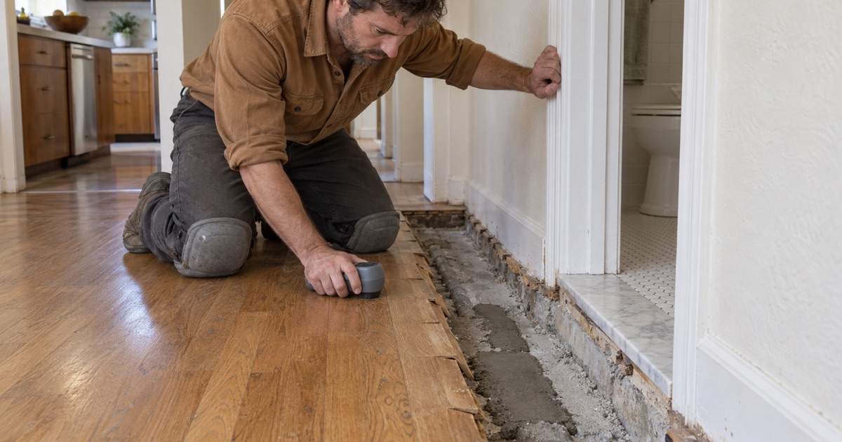 Worker checking cupped oak boards beside a patched slab-leak trench in a Buena Park kitchen hallway.