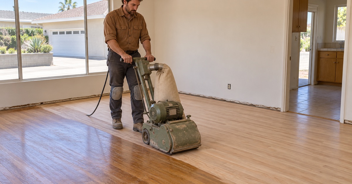 Worker drum-sanding red oak strip flooring in the living room of a 1950s tract house in Buena Park.