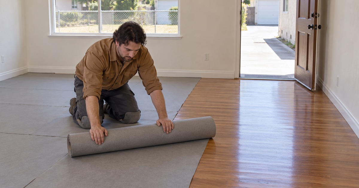 Worker laying protective floor board over a refinished oak floor in an empty Bellflower house.