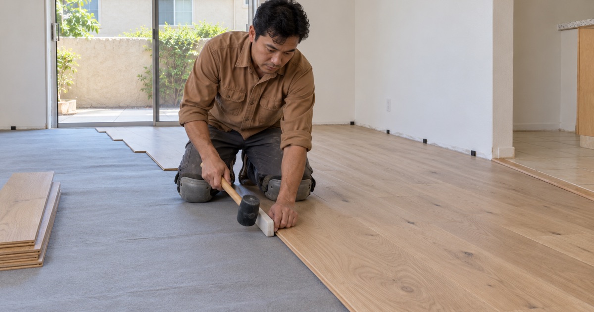 Worker tapping a new white oak plank into place in a senior condominium in Cerritos.