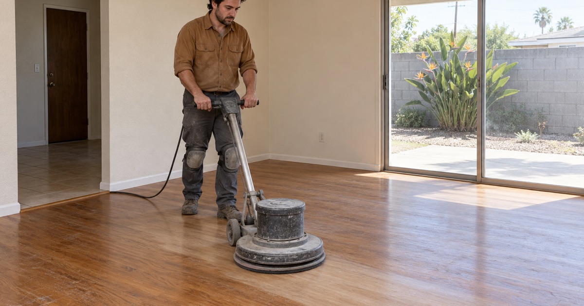 Worker buffing a worn oak floor before a fresh coat in an empty Cypress rental house between tenants.