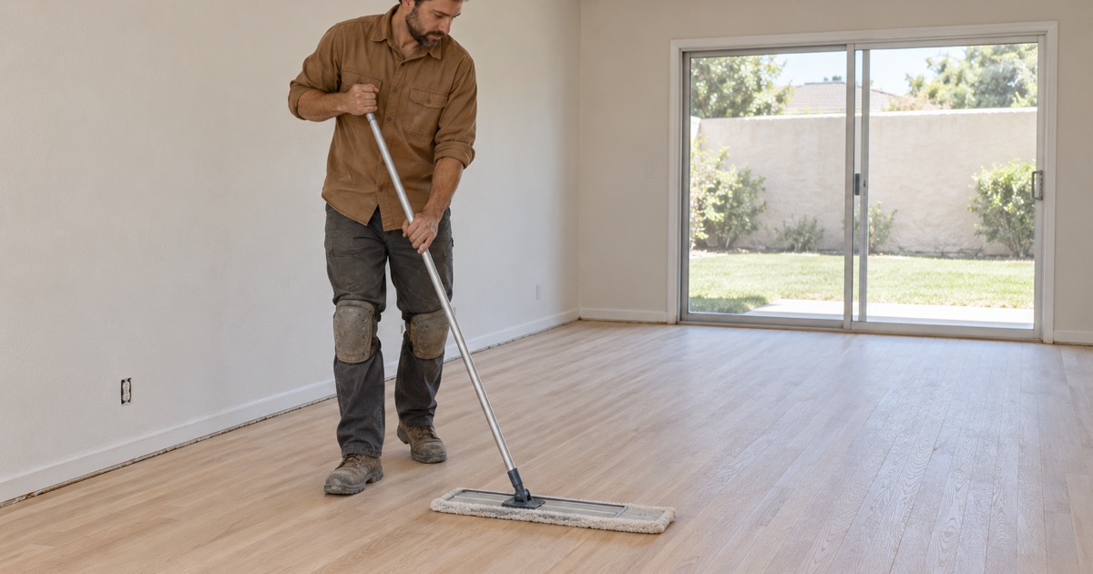 Worker dust-mopping bare red oak strip flooring in an El Segundo living room.