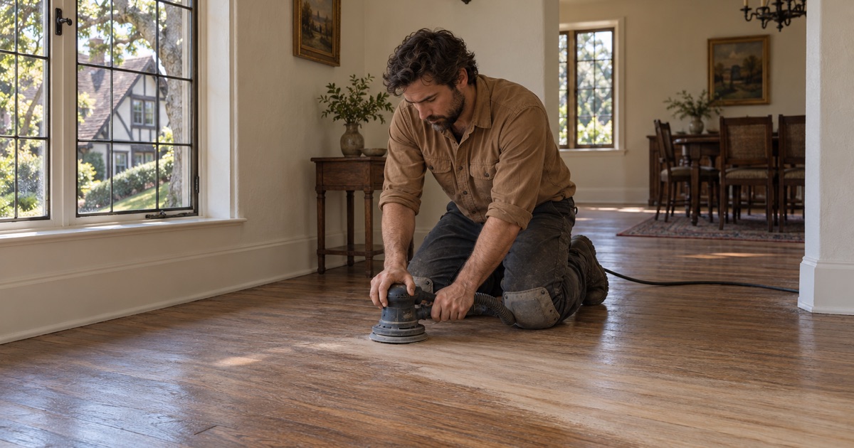 Worker sanding the narrow oak floor beside an arched opening in a 1920s Golden Hill house in Fullerton.