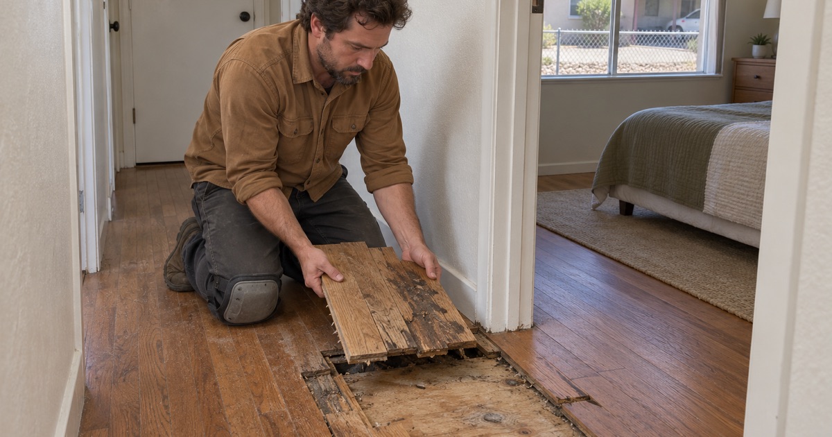 Worker lifting out a cut section of damaged oak flooring in a 1950s Garden Grove rental house.