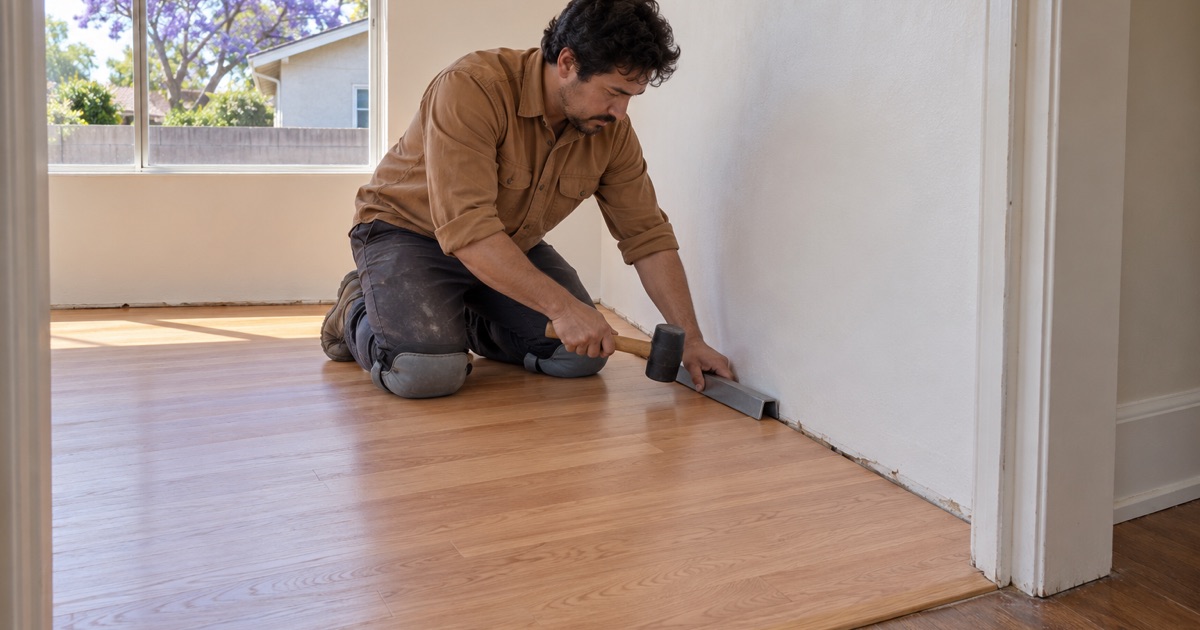 Worker drawing the last oak board tight to the wall with a pull bar in a postwar La Habra house.