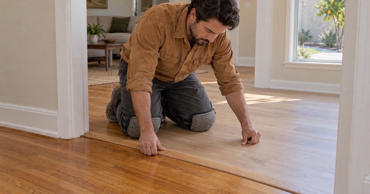 Worker setting a flush oak reducer where an original oak floor meets new plank flooring in a La Mirada house.