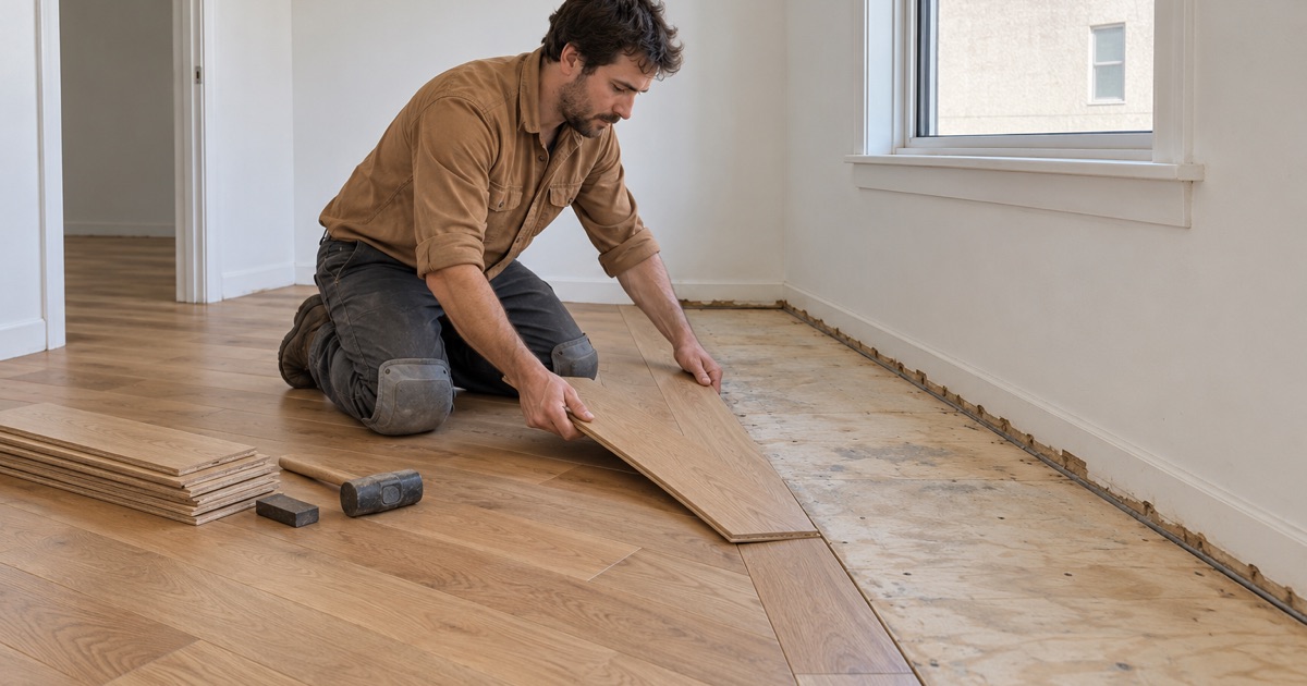 New oak planks going in where worn flooring was taken up in a La Palma rental.