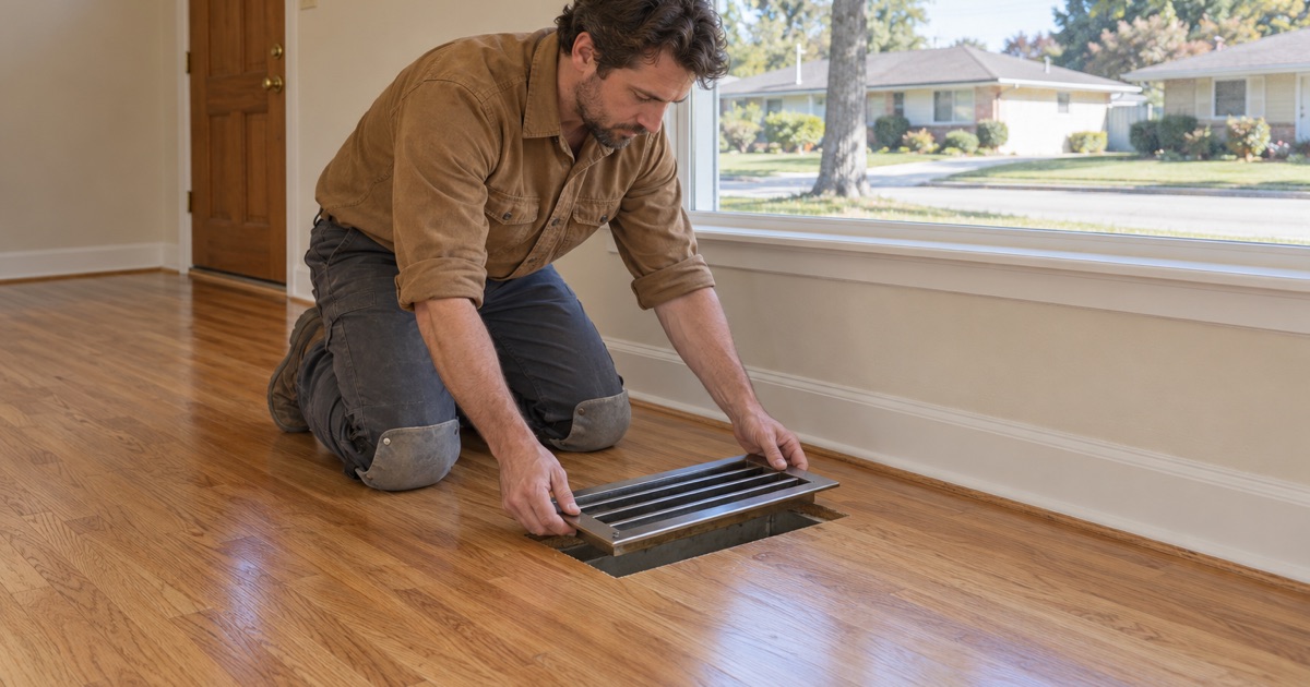 Worker fitting a floor register into its opening in a refinished oak floor in a 1950s Lakewood tract house.