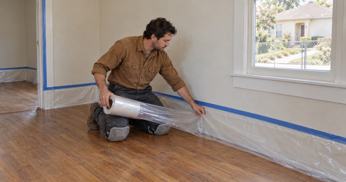 Worker covering painted baseboards with plastic sheeting before sanding an oak floor in a 1940s Norwalk house.
