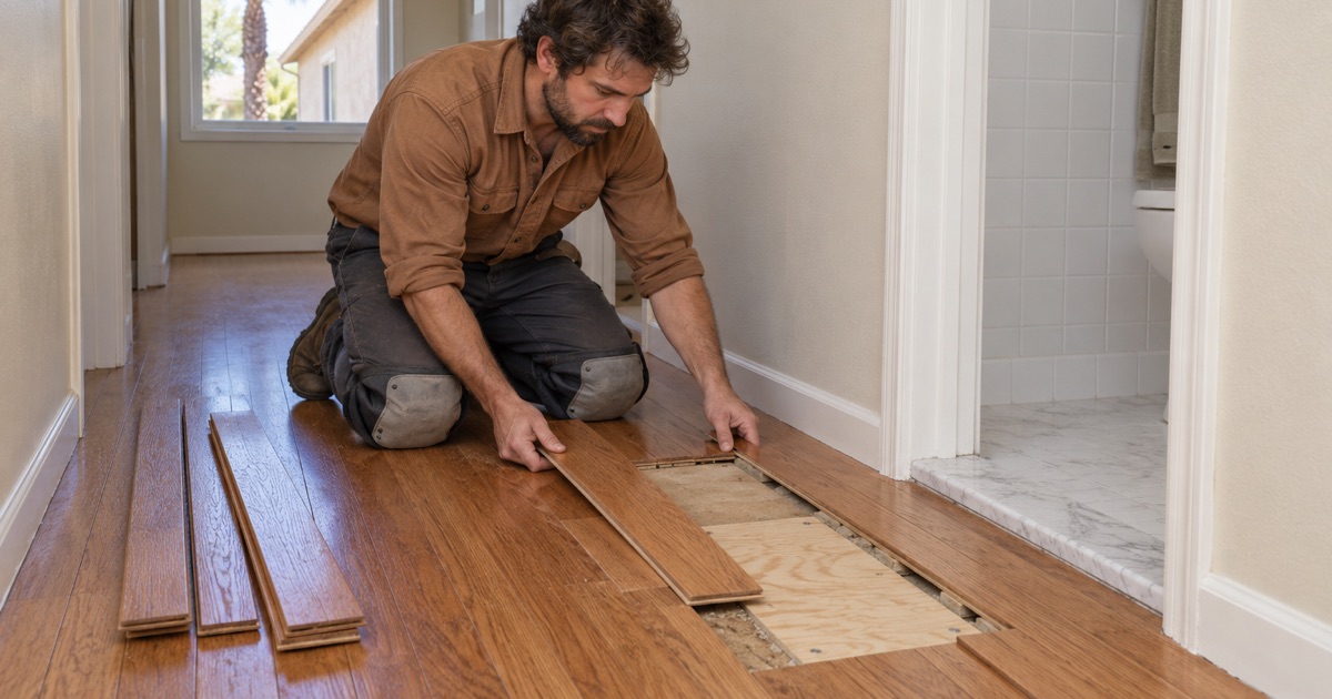 Worker setting a reclaimed oak board back into its row after work under the floor in a Westminster house.