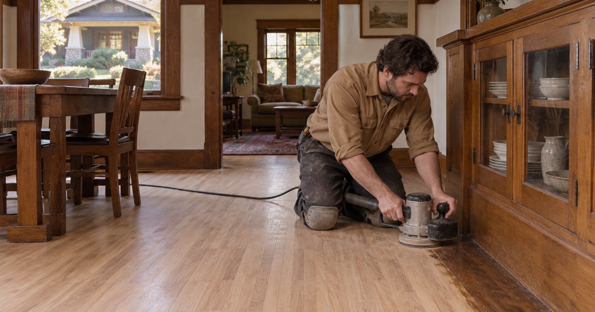 Worker edging the oak floor along a built-in buffet in a pre-1941 Craftsman bungalow in Whittier.